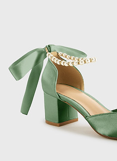 front Matching Color Matte Satin Pearl and Bow Pointed Toe Block Heels