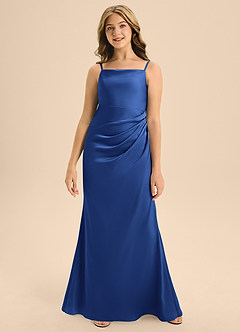 Azazie Renna Junior Vestido de Azul Real de Satén Elástico de Corte En A con Plisado image4