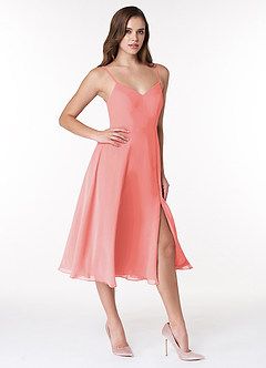 Azazie Clarissa Bridesmaid Dresses Coral A-Line V-Neck Chiffon Dress image3