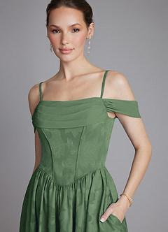 Azazie Raisa Bridesmaid Dresses Eucalyptus A-Line Off the Shoulder Floral Burnout Dress image3