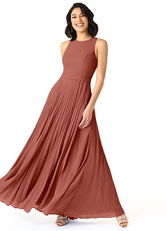 Azazie Lindie Robes de demoiselle d'honneur Robe Trapèze en Mousseline de soie Plissé à encolure dégagée Auburn image3