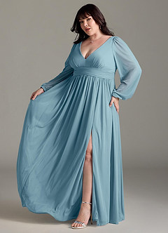 Azazie Norah Bridesmaid Dresses Moody Blue A-Line V-Neck Long Sleeve Chiffon Dress image10