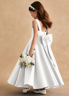 Azazie Honey Bear Flower Girl Dresses White A-Line Pleated Matte Satin Dress image4