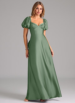 Azazie Fatima Vestidos de damas de honor Vestido de Matcha de Satén Elástico de Corte en A con Plisado image1