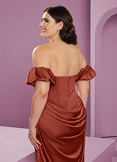 Barbie ♥ Azazie Robes de demoiselle d'honneur Robe Fourreau Convertible en Satin extensible Épaule décolletée Terracotta image17