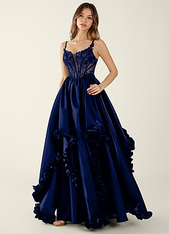 Halley Dark Navy V-neck lace Corset A-line Prom Dress image4