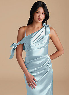 Azazie Xyla Bridesmaid Dresses Sky Blue Sheath Off the Shoulder Metallic Satin Convertible Dress image2