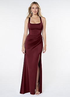 Azazie Mero Bridesmaid Dresses Cabernet Sheath Pleated Stretch Satin Dress image1