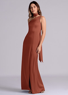Azazie Phaedra Bridesmaid Dresses Auburn A-Line One Shoulder Stretch Satin Dress image6