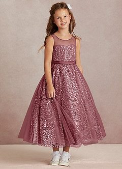 Azazie Siwa Robe Demoiselle D'honneur Fillette Robe Trapèze en Tulle Perlé Rose Du Désert image2