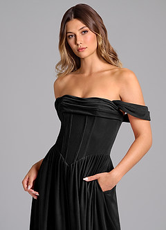 Azazie Hattie Bridesmaid Dresses Black A-Line Ruched Velvet Dress image2