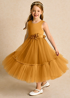 Azazie Miracle Blumenmädchenkleider A-Linie Schleifen Matte Satin Kleid Butterscotch image4