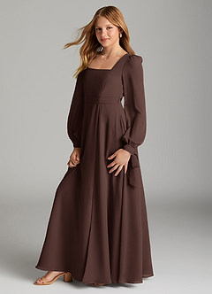 Azazie Leonia Junior A라인 포켓이 있는 쉬폰 플로어 길이 주니어 신부 들러리 드레스 image4