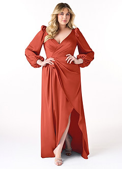 Azazie Mel Bridesmaid Dresses Rust Sheath Long Sleeve Stretch Satin Dress image1