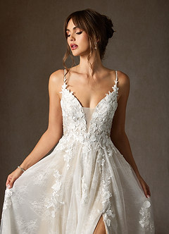 Azazie Monda Abiti da Sposa Abito A-Line in Tulle Pizzo Bianco Diamante Champagne image6