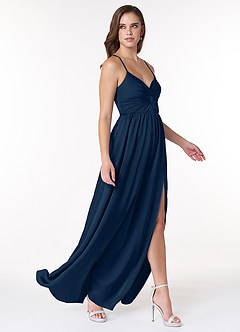 Azazie Raya Brautjungfernkleider A-Linie V-Hals Gefaltet Stretch-Satin Kleid Dunkelmarine image4