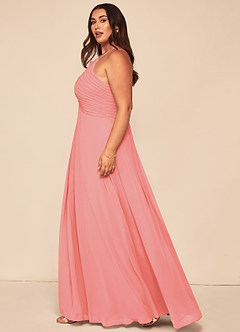 Azazie Ginger Bridesmaid Dresses Coral A-Line Halter Pleated Chiffon Dress image13