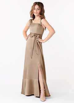 Azazie Barbara Junior Taupe A-Line Bow Stretch Satin Dress image1