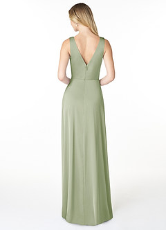Azazie Nelly Robes de demoiselle d'honneur Robe Trapèze en Satin extensible Col en V Plissé Vert Sauge image2