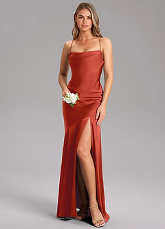 Azazie Grata Bridesmaid Dresses Rust Sheath Side Slit Stretch Satin Dress image1