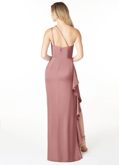 Azazie Latrice Robes de demoiselle d'honneur Robe Fourreau en Satin extensible Volants en cascade à une épaule Rose Poussiéreuse image2