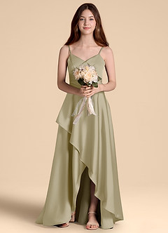 Azazie Prisha Junior Abito A-Line in Raso Elasticizzato Plissettato Verde Muschio image6