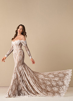 Azazie Katherine Wedding Dresses Diamond White Cocoa Mermaid Off the Shoulder Tulle Dress image2