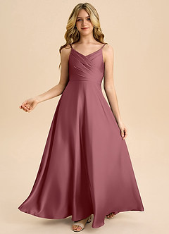 Azazie Bug Junior Vestido de Rosa Del Desierto de Satén Elástico de Corte en A con Plisado image2