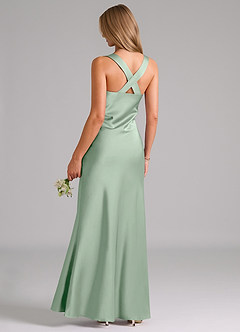 Azazie Kamila Bridesmaid Dresses Agave A-Line Pleated Stretch Satin Dress image2