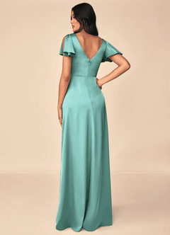 Azazie Soren Bridesmaid Dresses Aqua A-Line Pleated Stretch Satin Dress image5