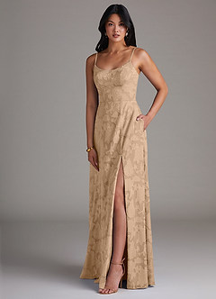 Azazie Moira Bridesmaid Dresses Champagne A-Line Side Slit Floral Burnout Dress image3