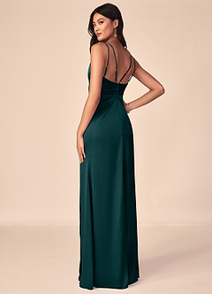 Azazie Aqua Bridesmaid Dresses Pine A-Line V-Neck Pleated Stretch Satin Dress image2