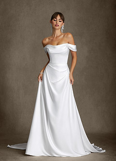 Azazie Brittney Hochzeitskleider A-Linie Schulterfrei Stretch-Satin Kleid Diamantweiß image1