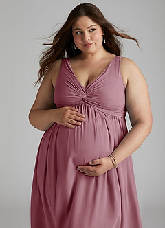 Azazie Yetta Maternity Bridesmaid Dresses A-Line V-Neck Gathered Chiffon Floor-Length Dress image8