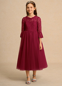 Azazie Lamb Girl Abiti da Ragazza di Fiori Abito Principessa in Pizzo Borgogna image4