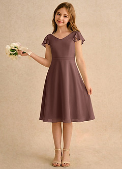 Azazie Narin Girls Formal Flower Girl Dresses Espresso A-Line with Sleeves Chiffon Dress image1