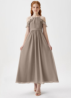 Azazie Chaya Junior Taupe A-Line Off the Shoulder Chiffon Dress image4