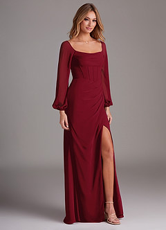 Azazie Charissa Bridesmaid Dresses Burgundy Sheath Long Sleeve Chiffon Dress image5