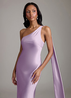 Azazie Juniper Vestidos de madrinha de casamento Vestido Lilás Fosco de Cetim elástico de sereia com Um ombro image3