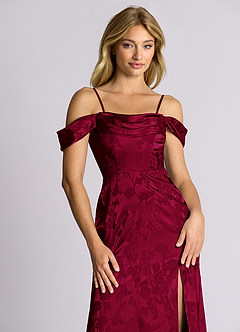 Azazie Saige 신부 들러리 드레스 인어 오프 더 숄더 자카드 바닥 길이 드레스 image2