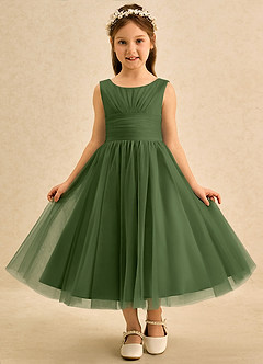 Azazie Macaron Jurken voor bloemenmeisjes A-Lijn Jurk van Tule Geplooid Olijf image3