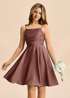 Azazie Miko Junior A라인 주름진 스트레치 새틴 미니 주니어 신부 들러리 드레스 image1