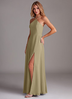 Azazie Bailey Vestidos de damas de honor Vestido de Musgo Verde de Gasa de Corte en A con Halter Abertura lateral image3