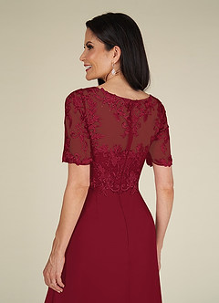 Azazie Amedeus At-home Try On Dresses Burgundy A-Line V-Neck Lace Chiffon Dress image5