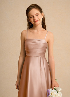 Azazie Pebbles Junior Formal Flower Girl Dresses Champagne Rose A-Line Pleated Matte Satin Dress image4