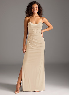 Azazie Mai Bridesmaid Dresses Champagne Sheath Pleated Mesh Dress image3