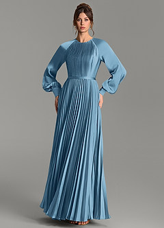 Azazie Grayson Bridesmaid Dresses Steel Blue A-Line Long Sleeve Stretch Satin Dress image3