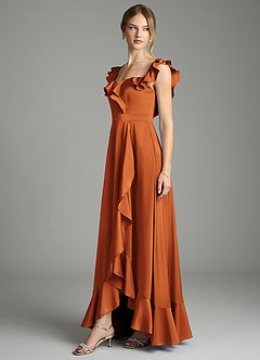 Azazie Lyra Vestidos de damas de honor Vestido de Canela de Satén Elástico de Corte en A Convertible con Vestidos sin tirantes image4