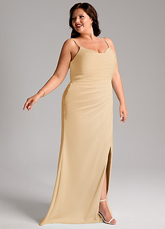 Azazie Deandra Bridesmaid Dresses Gold Mermaid Pleated Stretch Satin Dress image11