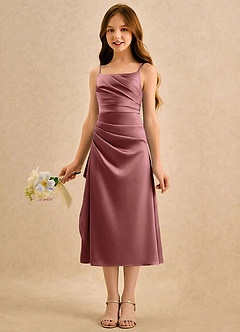 Azazie Canna Girls Formal Blomsterpigekjoler A-Line Plisseret Stræk satin Te-længde Kjole image5